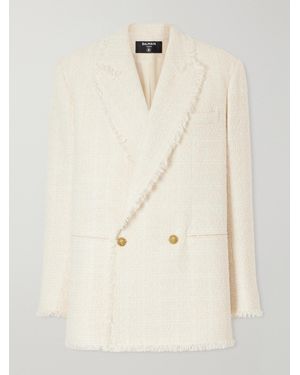 Balmain Double-Breasted Frayed Wool And Cotton-Blend Tweed Blazer - Natural
