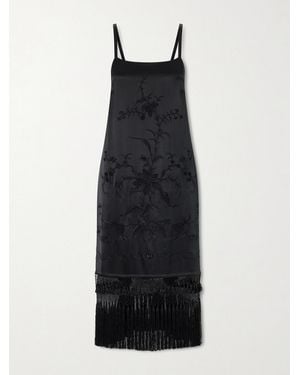 Bode Fringed Embroidered Silk-Satin Midi Dress - Black