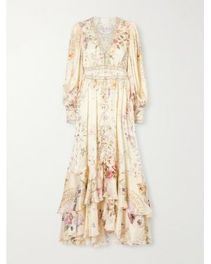 CAMILLA Crystal-Embellished Tiered Floral-Print Silk-Chiffon Midi Dress - Natural