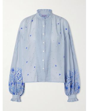 Thierry Colson Slava Ruched Pleated Embroidered Cotton-Voile Shirt - Blue