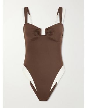 Away That Day Cannes Two-Tone Gathered Recycled Stretch Swimsuit - Brown