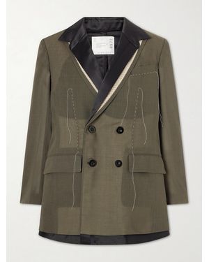 Sacai Double-Breasted Pleated Embroidered Satin-Trimmed Organza Blazer - Green