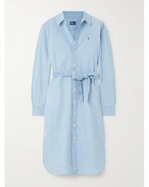 Polo Ralph Lauren Cory Embroidered Belted Cotton-Chambray Midi Shirt Dress - Blue