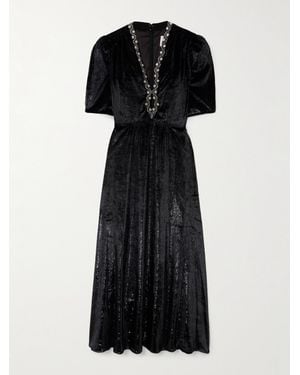Saloni Tabitha Embellished Metallic Velvet Midi Dress - Black