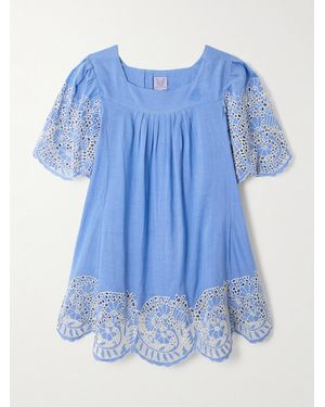 Thierry Colson Scarlett Broderie Anglaise Linen And Cotton-Blend Mini Dress - Blue