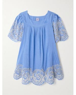 Thierry Colson Mini-Robe En Lin Et Coton Mélangés À Broderie Anglaise Scarlett - Bleu