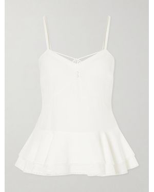 McQueen Ruffled Lace-Trimmed Silk Peplum Top - White
