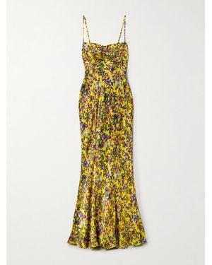 Saloni Renee Ruched Printed Silk-Satin Gown - Metallic