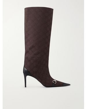 Gucci Donna Leather-Trimmed Gg Supreme Canvas-Jacquard Knee-High Boots - Brown