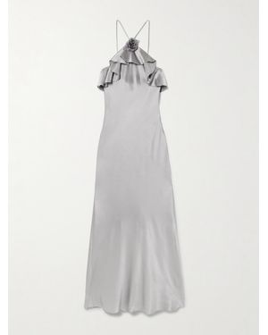 Rodarte Appliquéd Ruffled Silk-Satin Halterneck Midi Dress - White