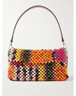 STAUD Timmy Leather-Trimmed Beaded Mesh Shoulder Bag - Orange