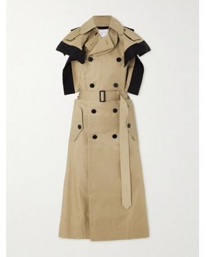 Sacai Belted Double-Breasted Silk-Blend Trimmed Cotton-Blend Gabardine Midi Dress - Natural