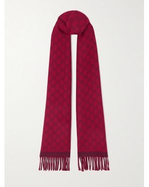 Gucci Fringed Jacquard-Knit Nativa Wool Scarf - Red
