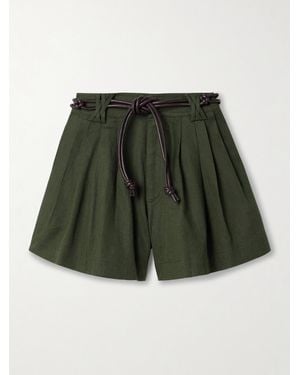 Sea Shai Belted Pleated Cotton And Linen-Blend Shorts - Green