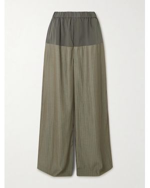 St. Agni Splice Pinstriped Twill And Cotton-Blend Poplin Wide-Leg Trousers - Green