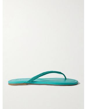 STAUD Freja Beaded Satin-Trimmed Leather Flip Flops - Green