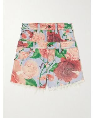 Loewe Paula's Ibiza Roses Layered Frayed Floral-Print Denim Shorts - White