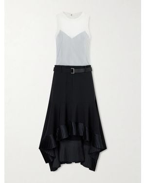 Sacai Pleated Wool-Trimmed Plissé-Chiffon Midi Dress - White
