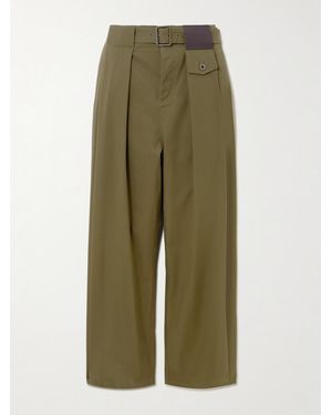 Loewe Belted Leather-Trimmed Pleated Cotton And Silk-Blend Pants - Green