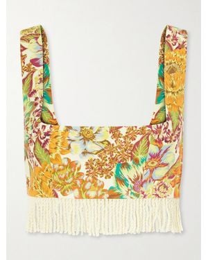 ALÉMAIS Fringed Cropped Floral-Print Linen Top - Metallic