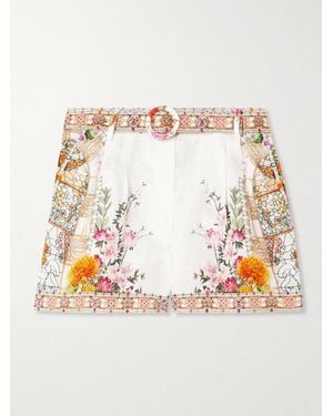CAMILLA Belted Crystal-Embellished Floral-Print Linen Shorts - Natural