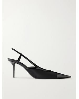 Saint Laurent Renee 75 Cassandre-Embroidered Leather-Trimmed Satin Slingback Pumps - Black