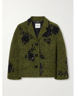 Erdem Embellished Floral-Embroidered Cropped Twill Jacket - Green