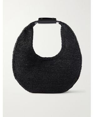 STAUD Moon Large Leather-Trimmed Raffia Tote - Black