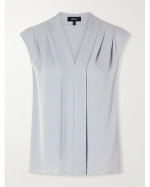 Theory Pleated Silk-Satin Blouse - Blue
