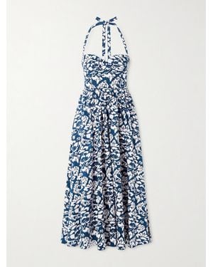 Emporio Sirenuse Johanna Lotus Pleated Floral-Print Cotton-Twill Halterneck Midi Dress - Blue