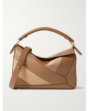 Loewe Puzzle Kleine Schultertasche Aus Leder Und Veloursleder - Braun