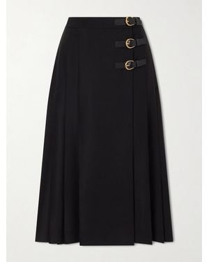Chloé Pleated Leather-Trimmed Grain De Poudre Wool Midi Skirt - Black