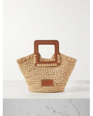 STAUD Sienna Mini Leather-Trimmed Raffia Tote - White