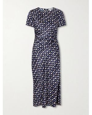 STAUD Marcel Printed Ruched Silk-Blend Satin Midi Dress - Blue