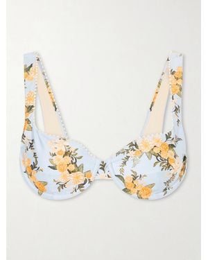 Agua Bendita Hacienda Valle Pearl-Embellished Floral-Print Bikini Top - Metallic