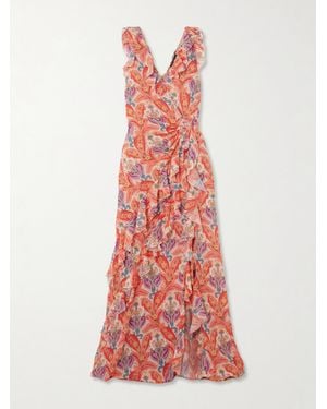 Etro Robe Longue Dos Ouvert En Crêpe De Chine Imprimée À Volants - Rouge