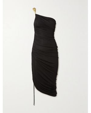 Bottega Veneta One-Shoulder Asymmetric Embellished Satin-Jersey Midi Dress - Black