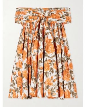 Chloé Off-The-Shoulder Gathered Floral-Print Cotton-Poplin Mini Dress - Orange