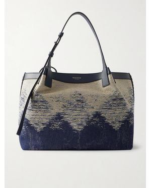 Serapian Secret Small Leather-Trimmed Embroidered Denim Tote - Blue