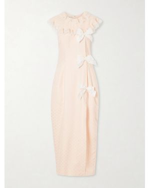 Alessandra Rich Lace-Trimmed Bow-Detail Printed Silk-Jacquard Midi Dress - Natural
