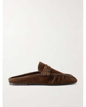 Saint Laurent Le Loafer Cassandre-Embellished Suede Mules - Brown