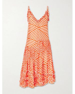 Dries Van Noten Demi Ruffled Asymmetric Striped Cotton Midi Dress - Orange