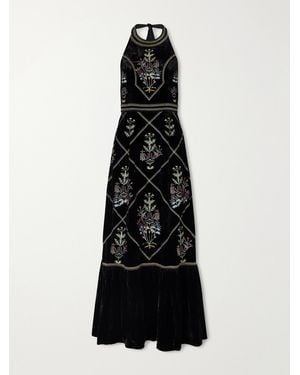 Emporio Sirenuse Chantal Agra Flower-Embroidered Velvet Midi Dress - Black