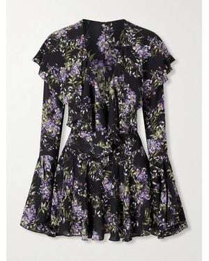 Norma Kamali Floral-Print Ruffled Crepe Mini Dress - Black