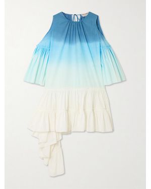 JW Anderson Cold-Shoulder Tiered Ruffled Dégradé Cotton-Poplin Mini Dress - Blue