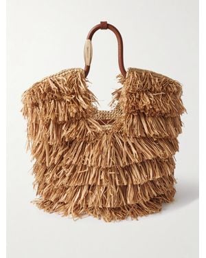 Zimmermann Goldentime Small Leather-Trimmed Fringed Raffia Tote - Brown