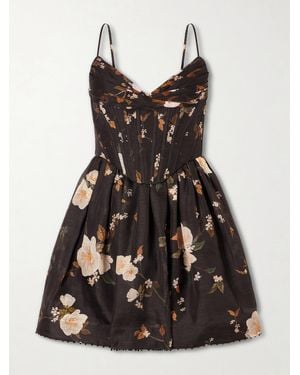 Zimmermann Valiant Floral-Print Linen And Silk-Blend Corset Mini Dress - Black