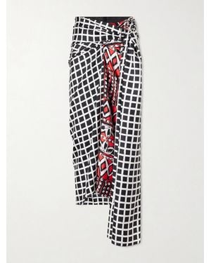 Lanvin Asymmetric Belted Printed Silk Midi Skirt - White