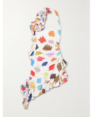 Halpern Asymmetric Ruffled Printed Crepe De Chine Mini Dress - White