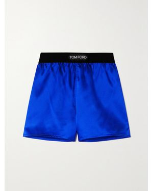Tom Ford Velvet-Trimmed Stretch-Silk Satin Shorts - Blue